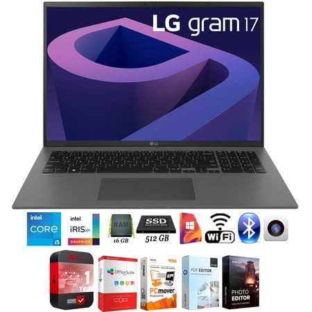 LG gram 17Z90Q 17" Lightweight Laptop, Intel i5-1240P, 16GB RAM/512GB SSD, Gray Bundle with Elite Suite 18 Software + 1 Year Protection Warranty