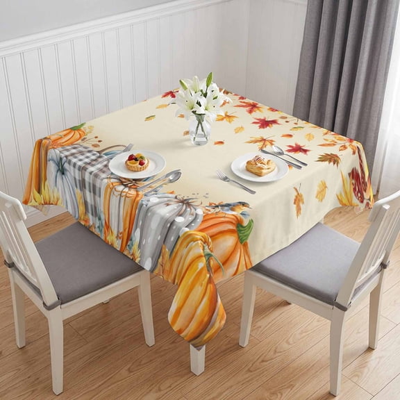 Orange Grey Fall Table Cloth Waterproof Tablecloths, Thanksgiving Maple Leaf Pumpkins Tablecloth Dining Table Cover for Kitchen Party Tabletop Outdoor, Square Tablecloth 60x60 Inch
