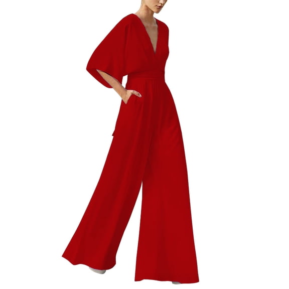 Bmisegm Women's Long Pants Elegant Long Sleeve High Waist Wide Leg Pants Plus Size Jumpsuit RD2 XXL