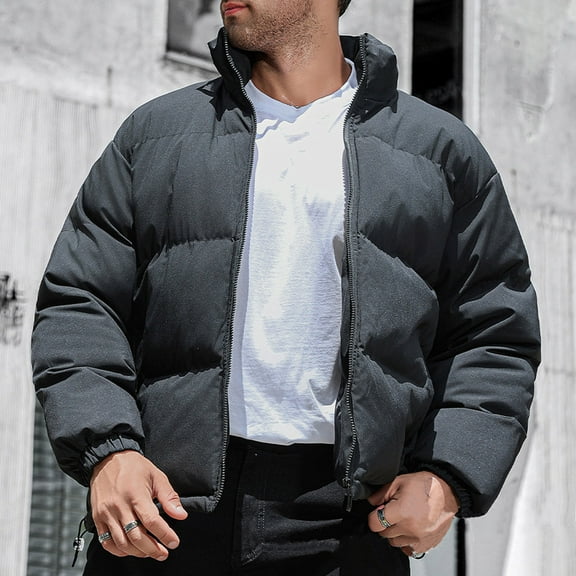 KeShDi Mens Winter Coats Men's Fashion Solid Color Thick Pocket Zipper Outdoor Long Sleeved Jacket Black L