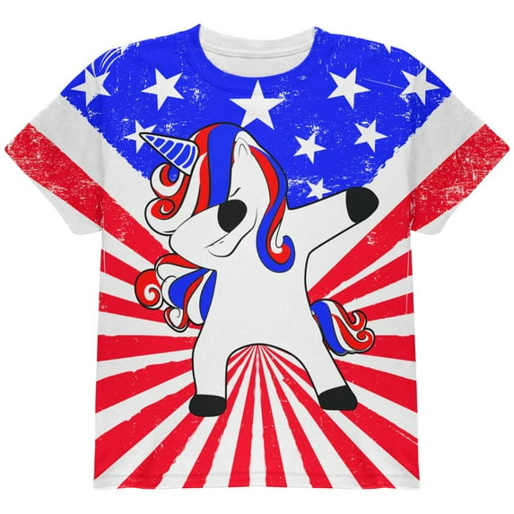 4th of July Dabbing Unicorn Americorn All Over Youth T Shirt Multi YSM