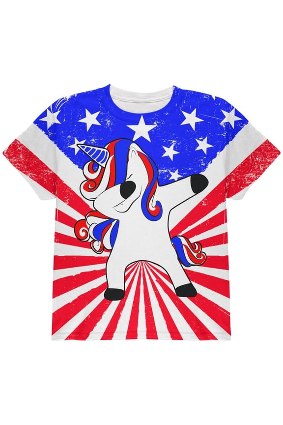 4th of July Dabbing Unicorn Americorn All Over Youth T Shirt Multi YSM
