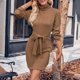 thumbnail image 5 of Womens Long Sleeve Turtleneck Knit Jumper Short Dress Solid Color Lace Up Dress, 5 of 8