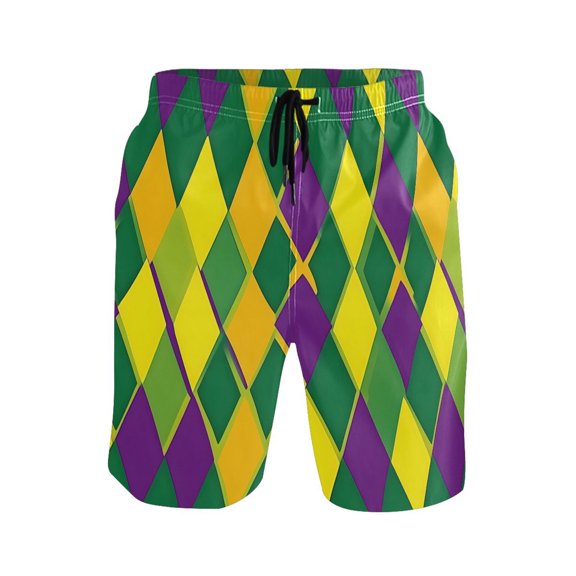 joogoo Men's Swim Trunks Mardi Gras Checkered Beach Shorts with Pockets 2XL
