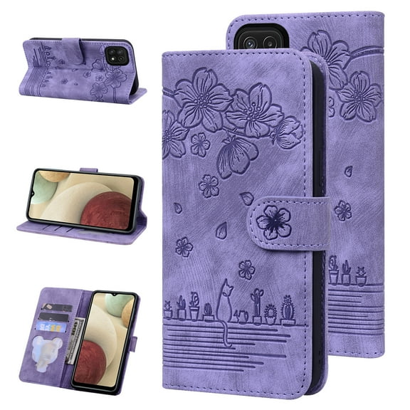 Sakura Cat Embossing PU Leather Wallet Case for Samsung Galaxy A22 5G,Allytech Drop Protection Magnetic Flip Holder Card Slots Phone Case Cover,Purple