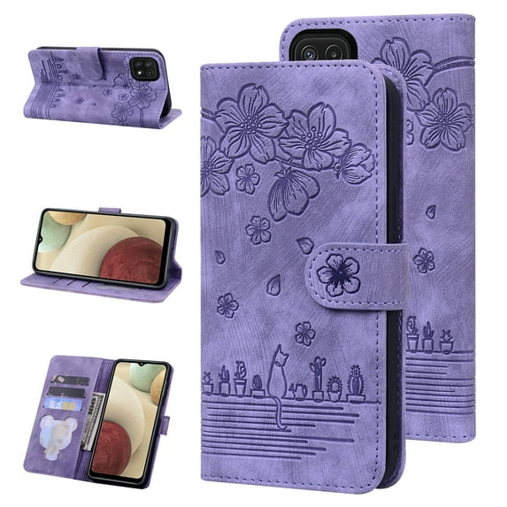 Sakura Cat Embossing PU Leather Wallet Case for Samsung Galaxy A22 5G,Allytech Drop Protection Magnetic Flip Holder Card Slots Phone Case Cover,Purple
