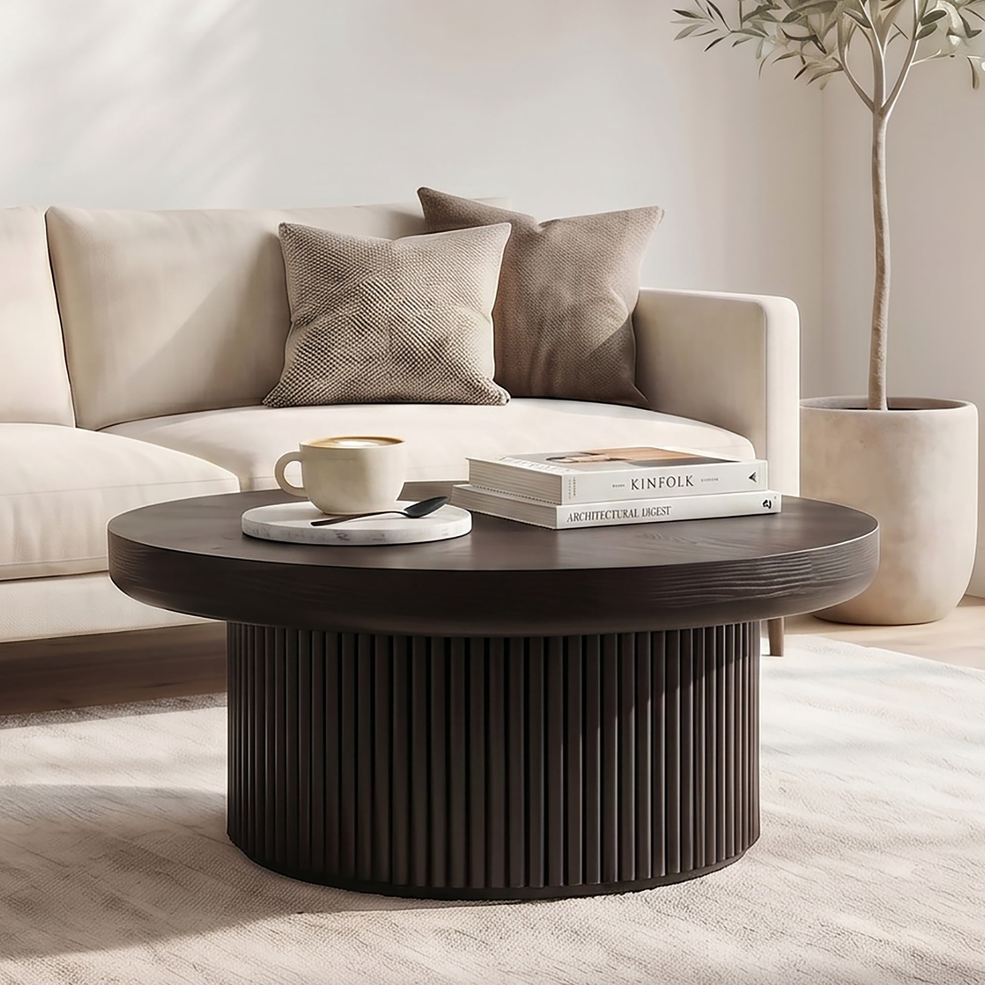 33.46'' Round Coffee Table with Fluted Cylindrical Base, Ash Wood End Table with Thickened Tabletop, Modern Cocktail Table
