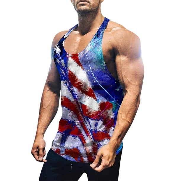 Camiseta sin mangas con estampado digital 3D del Día de la Independencia de verano para hombre Pompotops oipoqjl30488