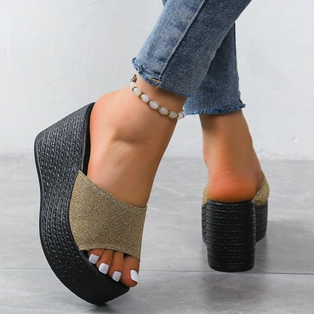

AXXD Women Gold Sandals Clearance 6.5 Summer Matsu Heel Thick Sole Slope Heel Shoes Breathable Slip-on Beach Sandals