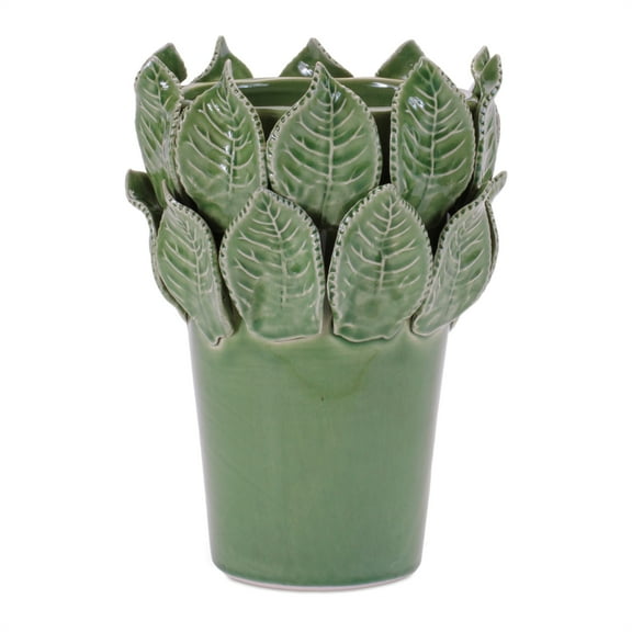 Melrose Leaf Top Stoneware Vase - 7.5" - Green