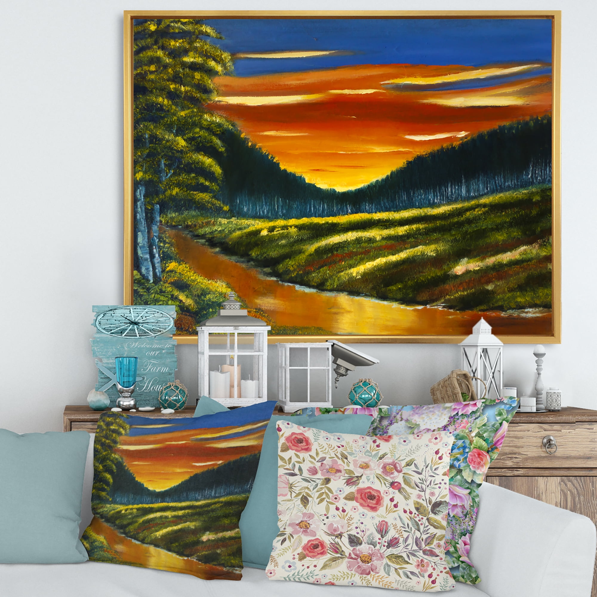 Warm Coloured Sunset Glow Above The Lotus Swamp 40 in x 30 in Framed Painting Canvas Art Print, by Designart