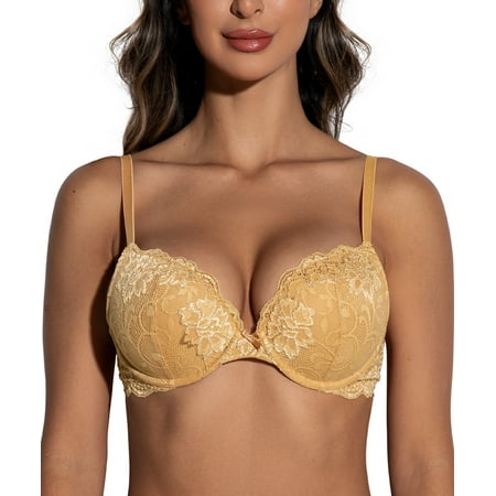 

Deyllo Women s Sexy Lace Push Up Padded Plunge Add Cups Underwire Lift Up Bra Gold 38C