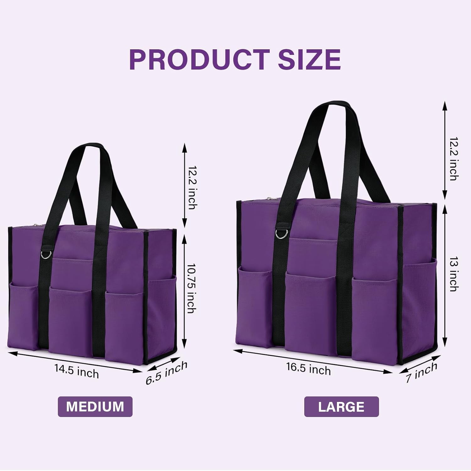 Omlopp Large Tote Bag for Women Waterproof with 12 Pockets Top Zipper Closure Utility Teacher Nurse Bags for Work School-Purple-Large