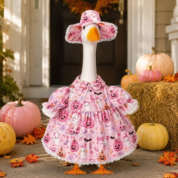 erdimoy 23 Inch Porch Goose Halloween Dress & Hat 2-Piece Set, Pastel Pink/Purple Ghost Pumpkin Lace Ruffle Outfit, Cute Gothic Statue Costume for Resin Lawn Goose Front Yard Fall Decor