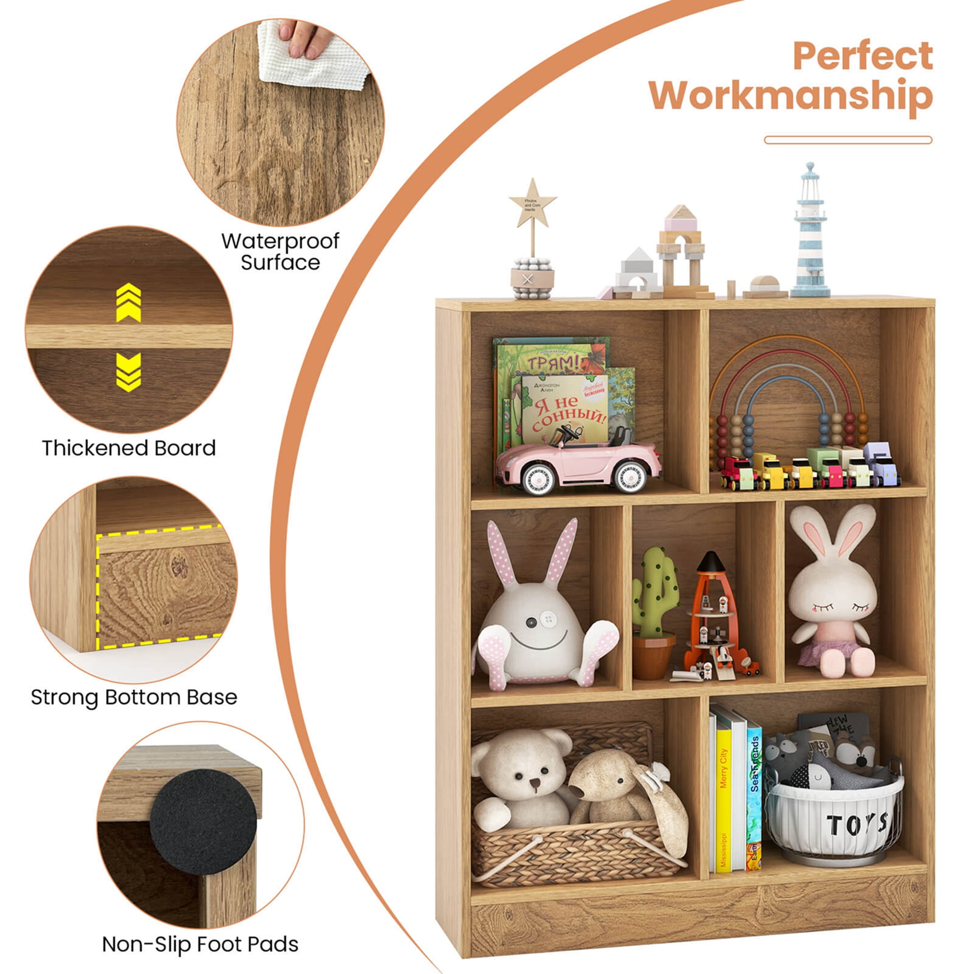 Costway 7-Cube Bookcase for Kids 41" Wooden Toy Storage Organizer Freestanding Bookshelf Brown