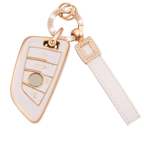 White TPU Key Fob Cover for BMW X1-X6, 2-7 Series – 3/4-Button Smart Remote Protector with Leather Keychain & Lanyard