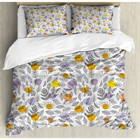 Botanical Duvet Cover Set King Size, Print of Round Blots and Striped Leaf Silhouettes, Decorative 3 Piece Bedding Set with 2 Pillow Shams, Pale Orange Lavender Charcoal Grey Yellow, by Ambesonne