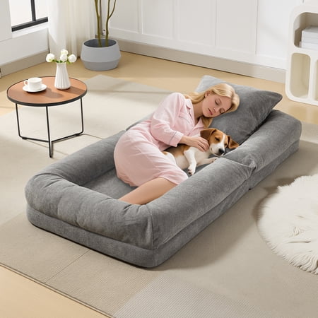 64.9 Upholstered Human Dog Bed for Adult & Pets Large Bean Bag Bed with 5 Adjustable Position 2 Soft Pillows Chenille Tatami Bean Bag Lounge Chaise with Memory Foam