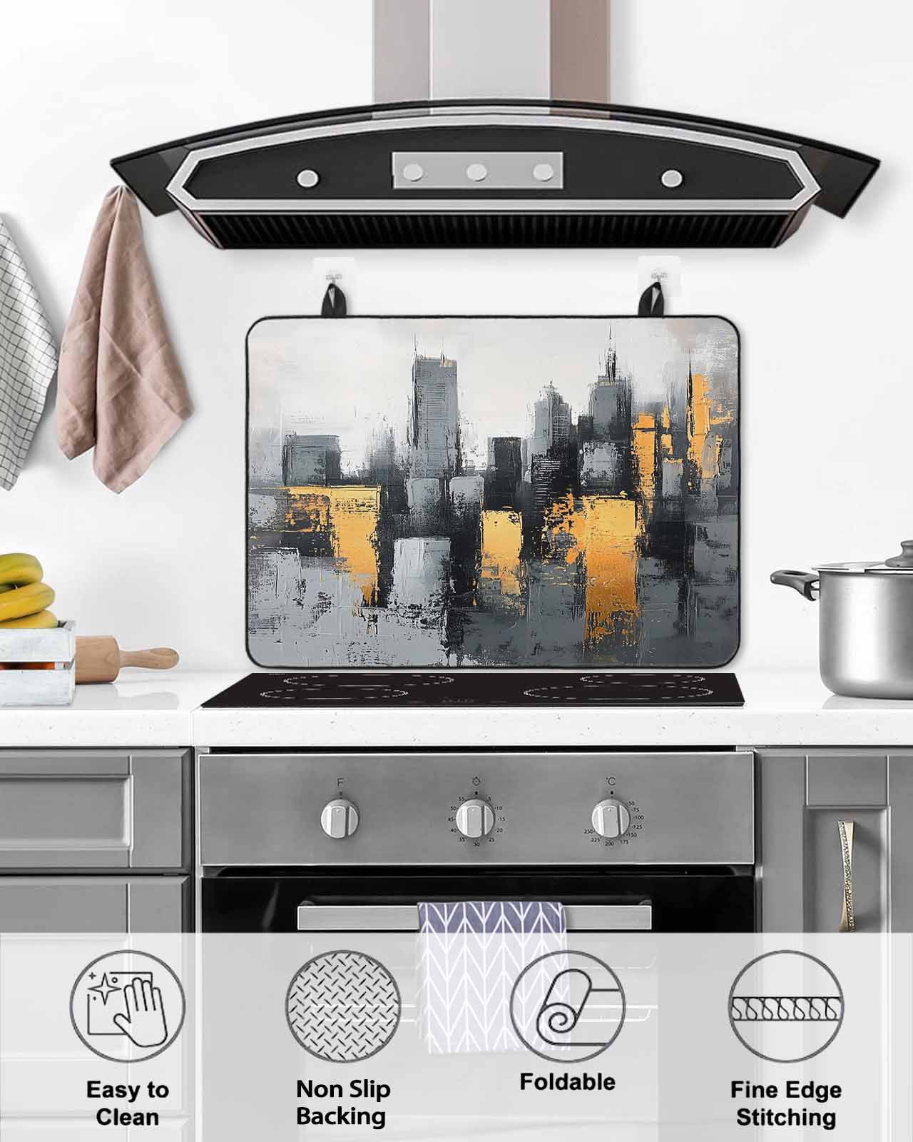 nqOlkjepod Large Induction Cooktop Protector Mat 24"x21", City Building Stove Top Covers for Electric Stove, Modern Chic Abstract Oil Painting Art Stove Burner Cover Mats, Glass Top Stove Cover