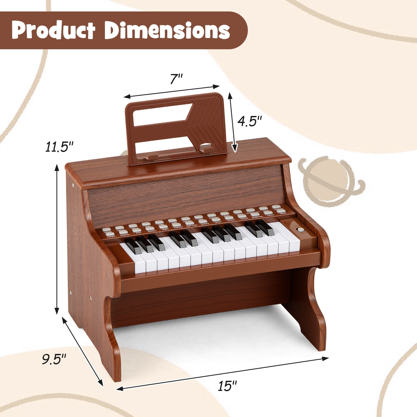 Gymax 25 Keys Digital Piano w/Music Stand Teaching Mode Lighted Keys 6 Instruments Brown