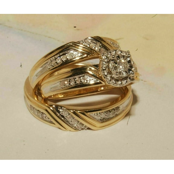 Bluebelljewels 14K Yellow Gold Finish Round Cut CZ His & Her Wedding Engagement Trio Set