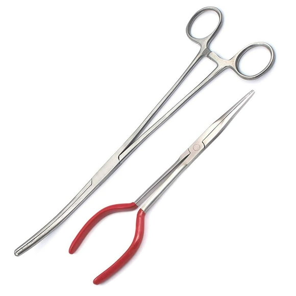 Laja Imports Huge 16" Hemostats Curved And 11" Needle Nose Pliers Long Reach And Finish Red Handle for Educational Use