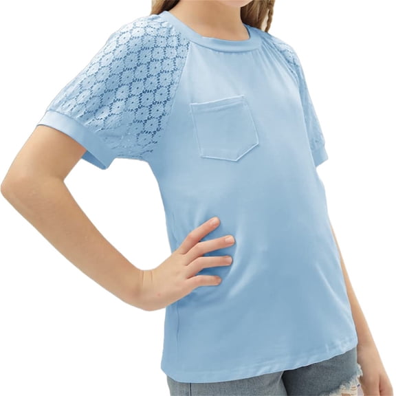 Lace Patchwork Girls Kids Short Sleeved Casual Summer T-shirt Children Crew Neck Shirt Tops for 5-14 Years