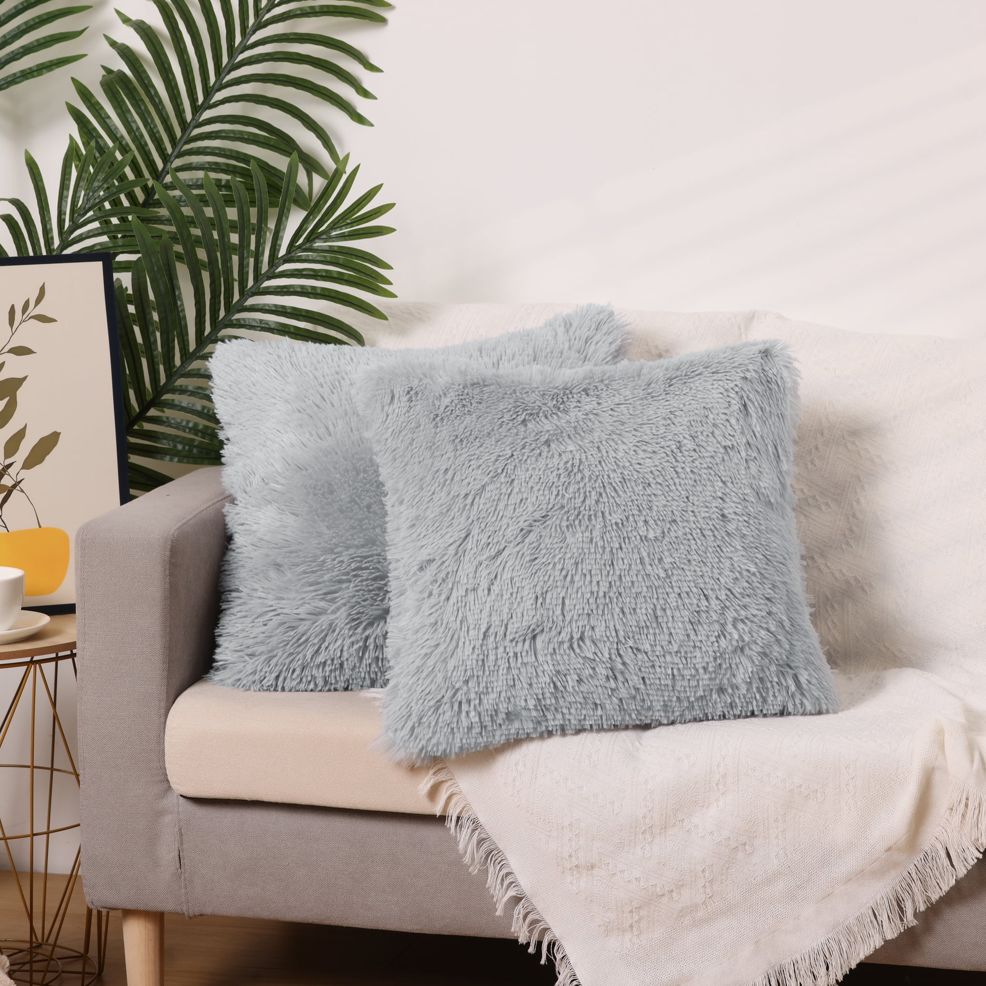 Unique Bargains 4 Pcs Solid Throw Pillow Covers Soft Plush Decorative Covers Light Grey/Pink 18" x 18"