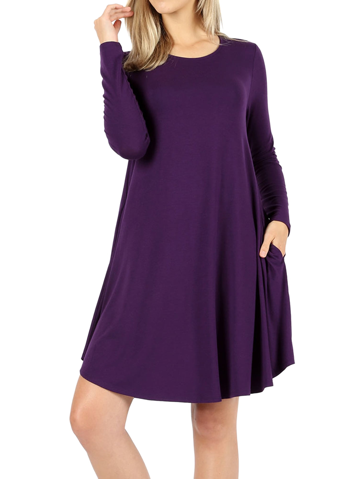 TheLovely Women Long Sleeve Round Neck ALine Pleated Knee Length