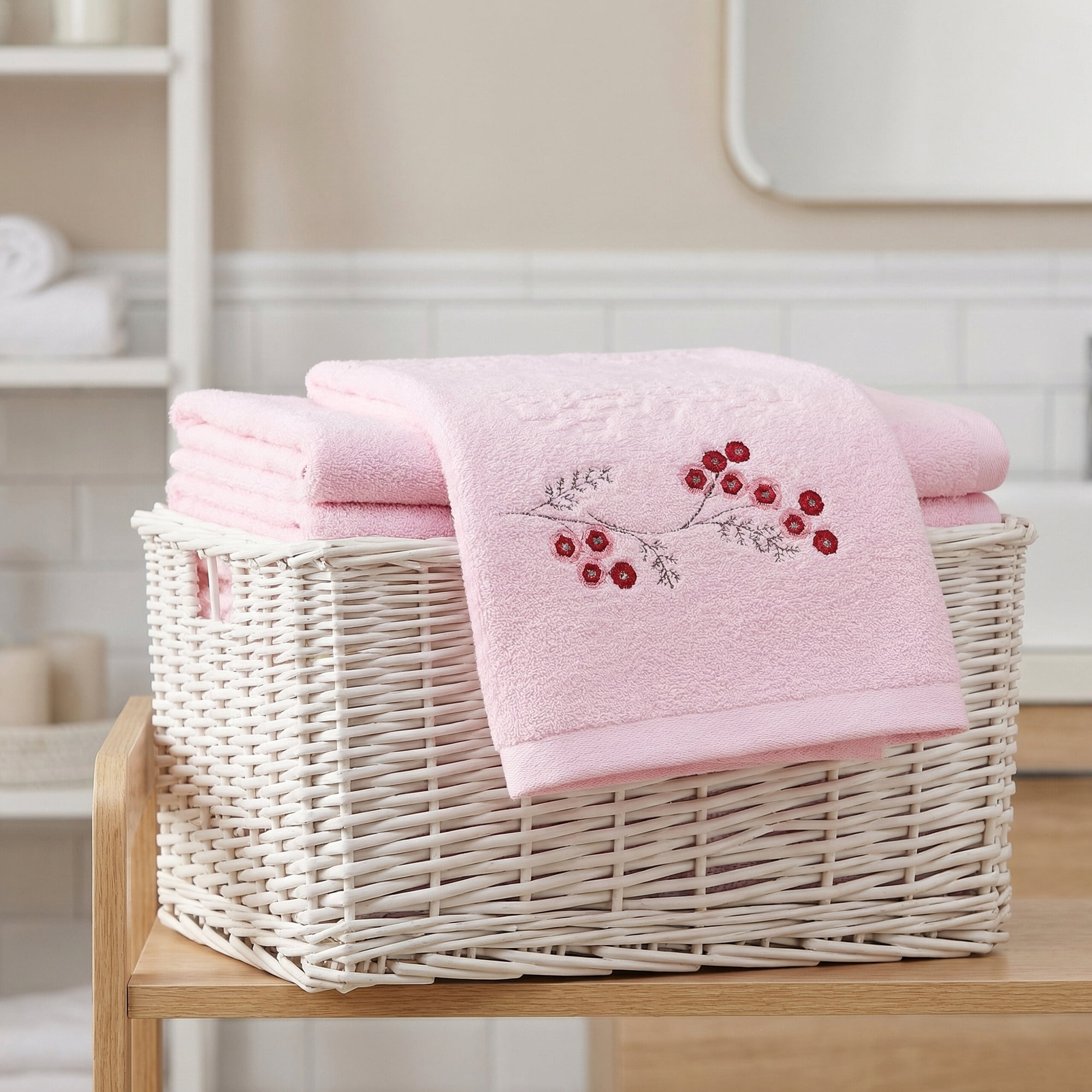 Unique Bargains Soft Absorbent Floral Cotton Hand Towels Pink 29" x 13"