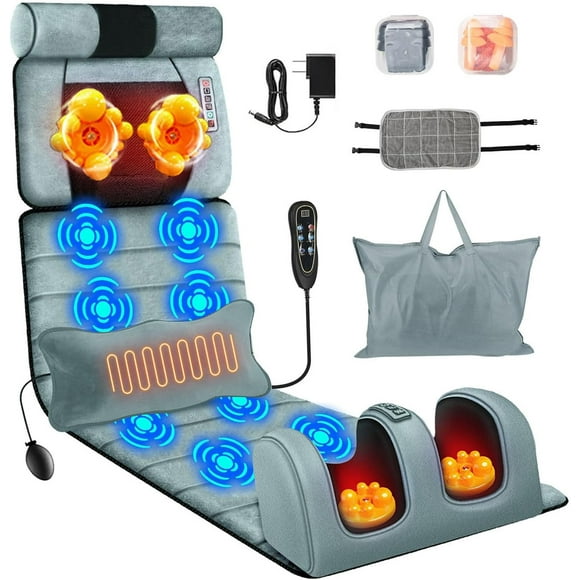 Full Body Massage Mat with Heat & Movable Shiatsu Neck Back Massager Pillow & Foot Massager, Massage Mattress Pad with Top Pillow & Lumbar Support,9 Massage Modes,10 Vibration Motors & 3 Heating Pads