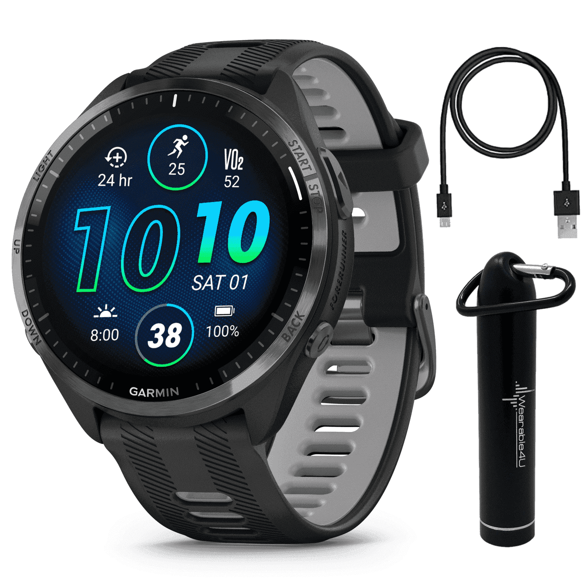 Garmin Forerunner 965 Premium GPS Running and Triathlon Smartwatch with AMOLED Touchscreen Display, Carbon Gray DLC Titanium Bezel with Black Silicone Band with Wearable4U Power bank Bundle
