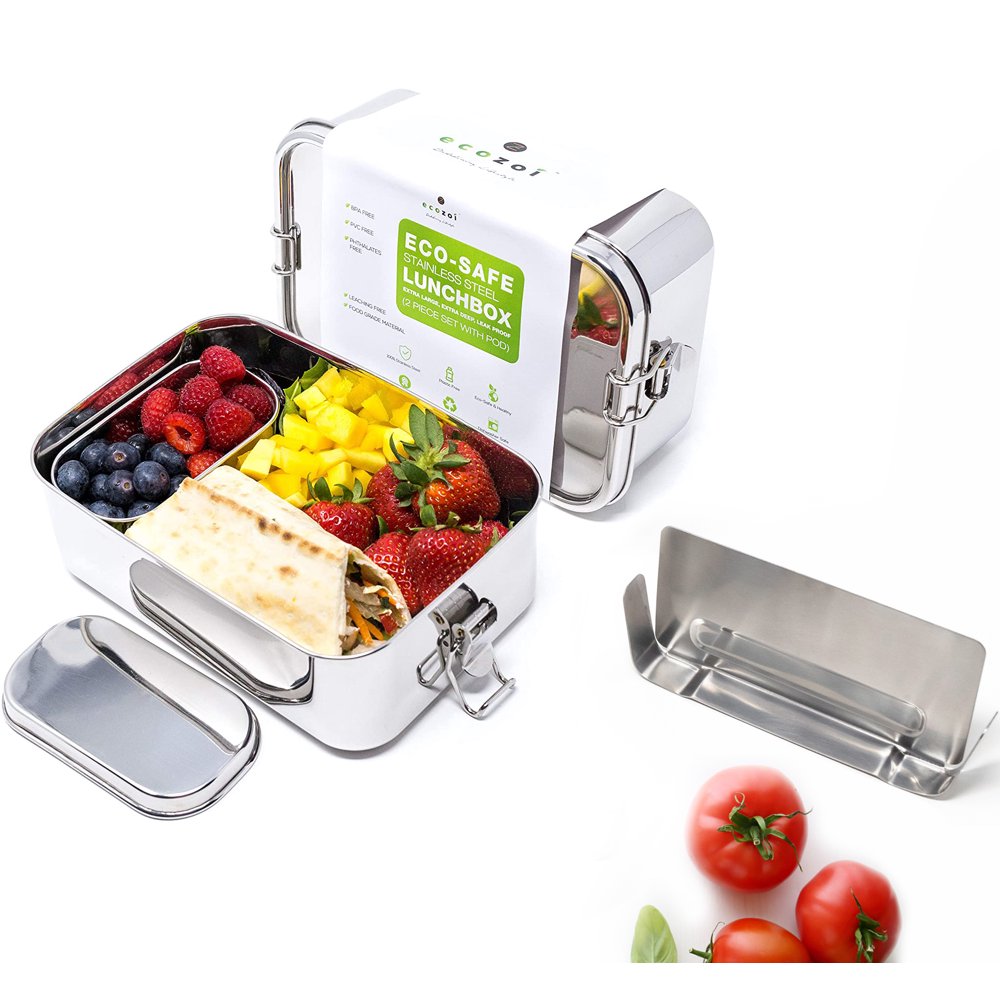 Ecozoi Stainless Steel Bento Lunch Box, 1Tier XL with Pod and Removable Divider, Leak Proof