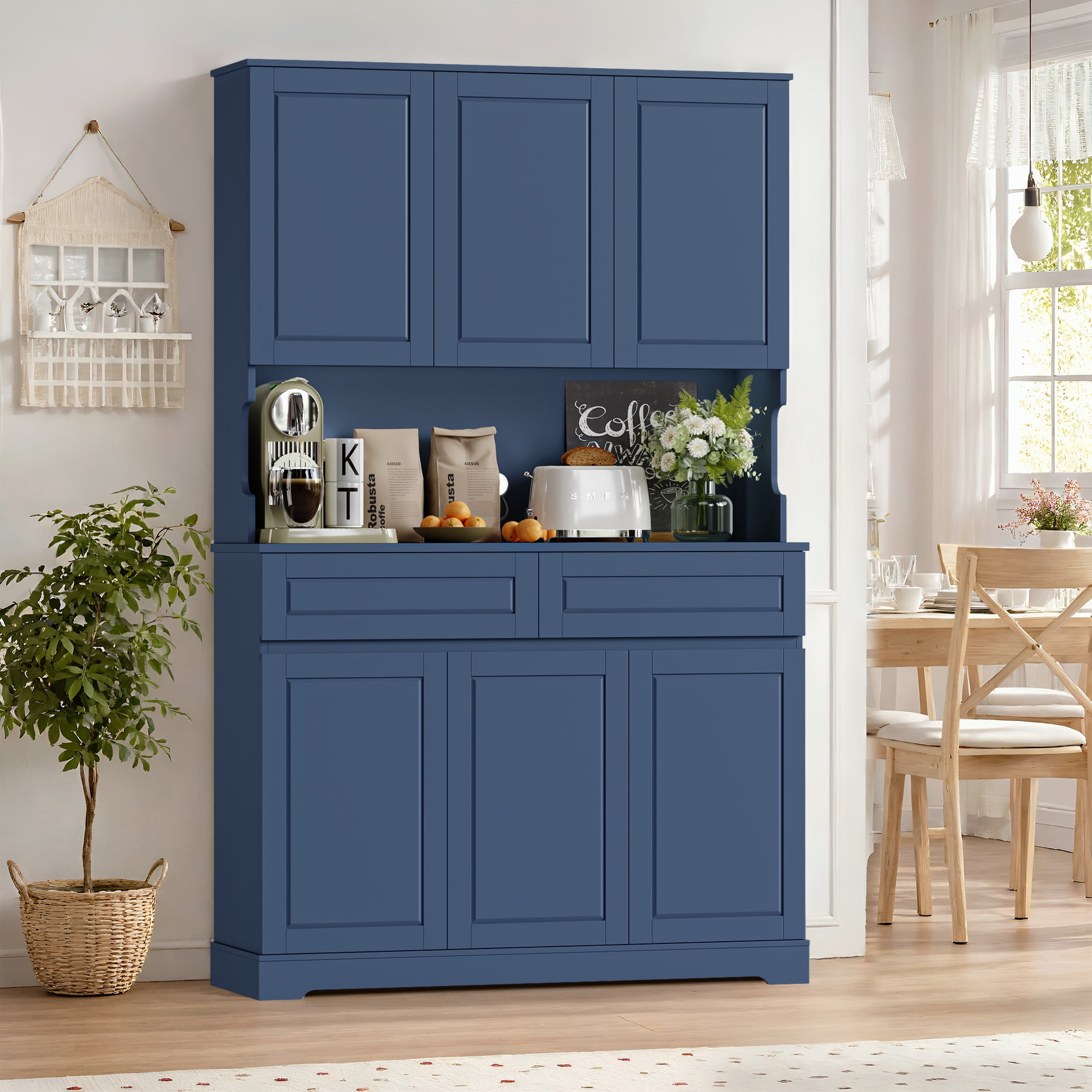 Homfa 73.8”H Pantry Cabinet with 6 Doors and 2 Drawers, Microwave Stand Storage Cabinet with Grooved Handles and Adjustable Shelf for Kitchen Dining Room, Deep Blue
