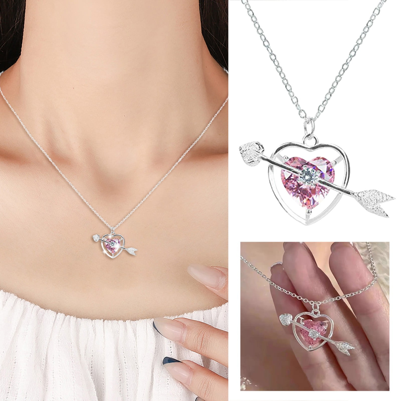 mnjin pink diamond necklace love collarbone chain light girlfriend