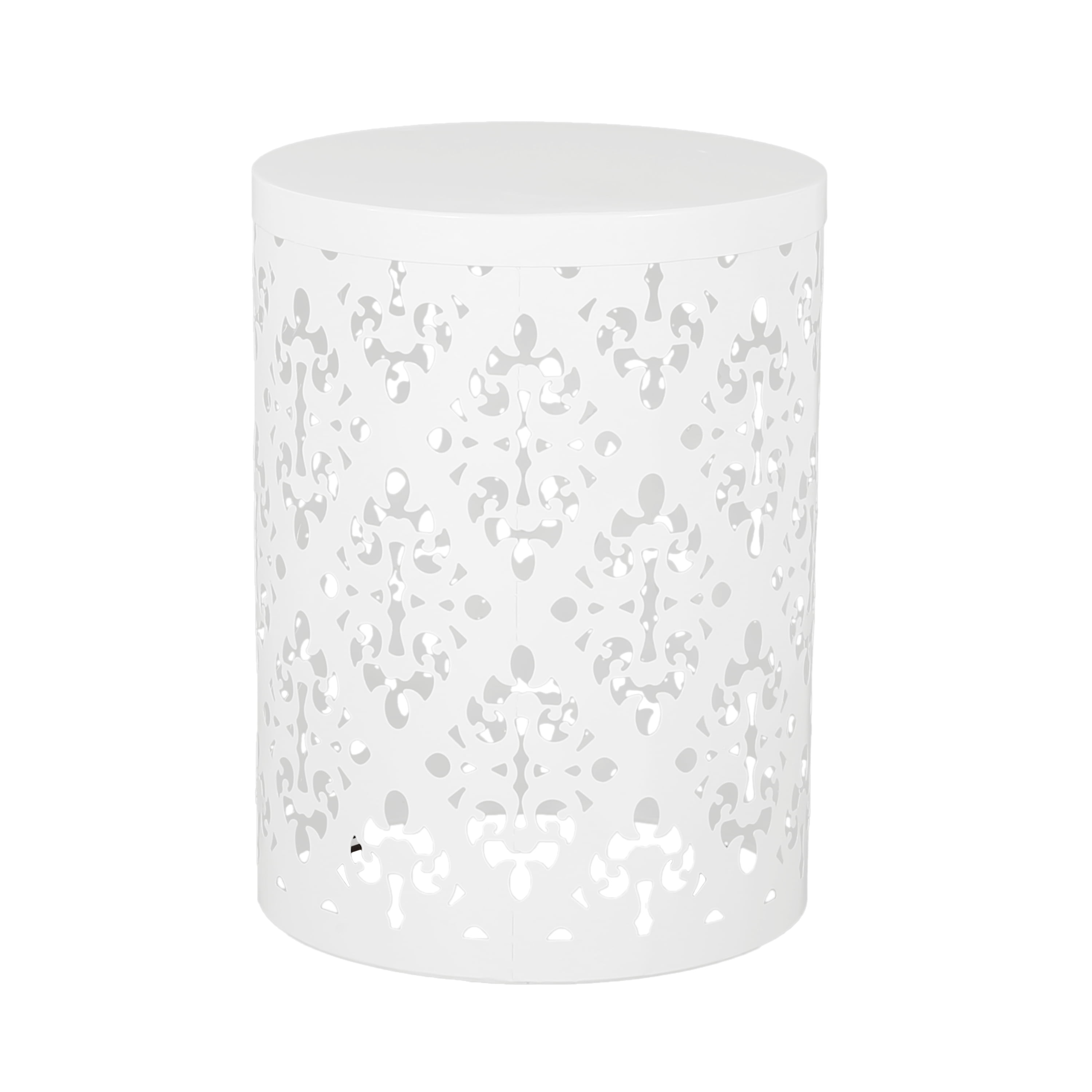 Outdoor Nesting Side Table Set of 2, Cylindrical Floral Pattern Structure for Patio Garden, White