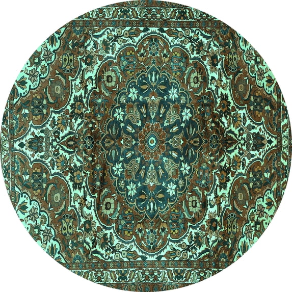 Ahgly Company Machine Washable Indoor Round Persian Turquoise Blue Traditional Area Rugs, 5' Round