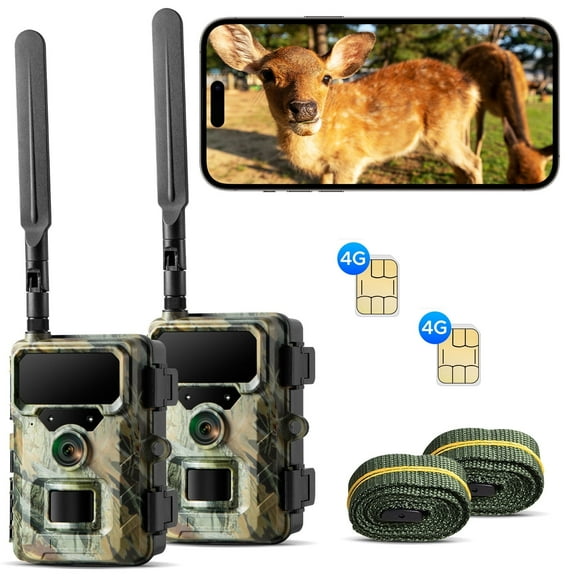 CAMPARK 2 Pack Cellular Trail Camera, 1080P 32MP Game Deer Cameras Built-in 4G LTE SIM Card, Lifelong Free Cloud Storage, Night Vision Hunting Cam