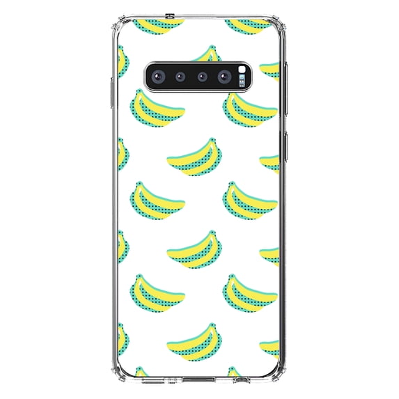DistinctInk Clear Shockproof Hybrid Case for Samsung Galaxy S10 (6.1" Screen) - TPU Bumper, Acrylic Back, Tempered Glass Screen Protector - Summer Graphics - Banana Pattern - Yellow