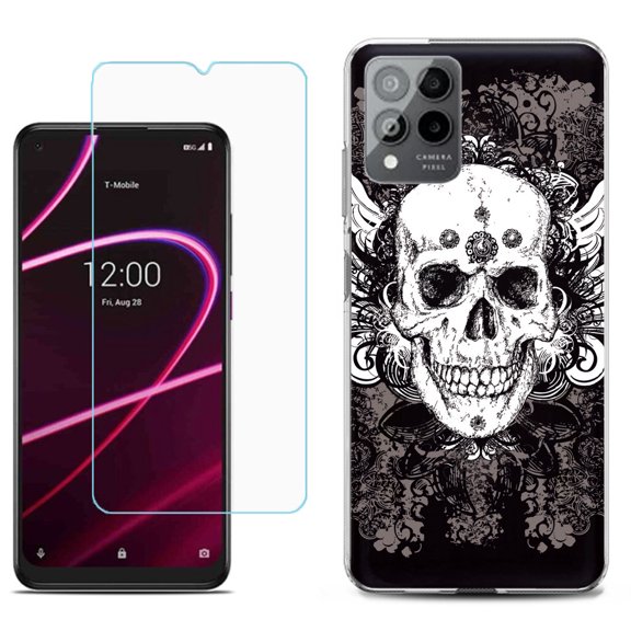 Slim-Fit Gel TPU Phone Case for T-Mobile Revvl 6 Pro 5G, with Tempered Glass Screen Protector, by OneToughShield ® - Grunge Skull