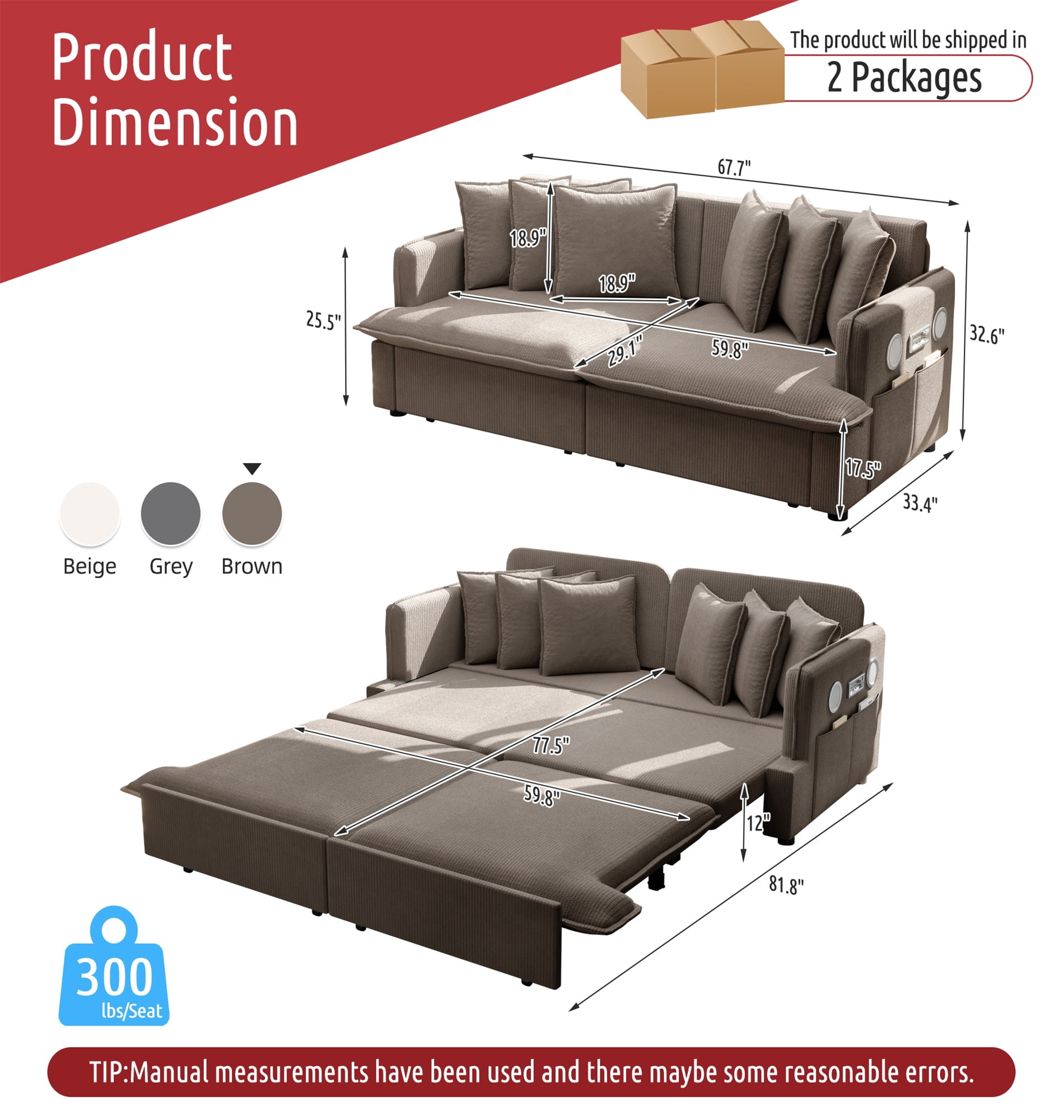 Alvantor 3 in 1 Convertible Sleeper Sofa Bed, 68" W Pull Out Sofa Bed with Bluetooth Speakers, USB Ports for living room, Apartment, Brown
