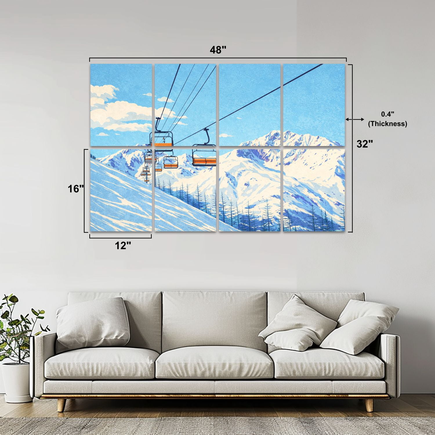 8 Pack Art Acoustic Panels Sound Absorbing Chair lift ski resort snowy mountains nice sunny day Decorative Soundproof Wall Panels Self Adhesive for Nursery Game Room Bedroom 48"x32"