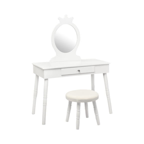Furnibear Kids Vanity Makeup Table and Chair Set with Mirror and Drawer, Wooden Dressing Table with Cushioned Stool for Girls Bedroom, White