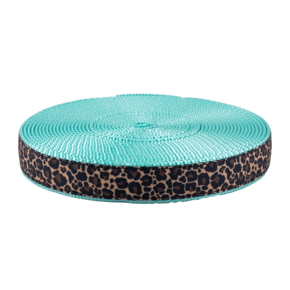 Country Brook Design - 7/8 Inch Leopard Print Ribbon on 1 Inch Light Cyan Nylon Webbing (10 Yards)