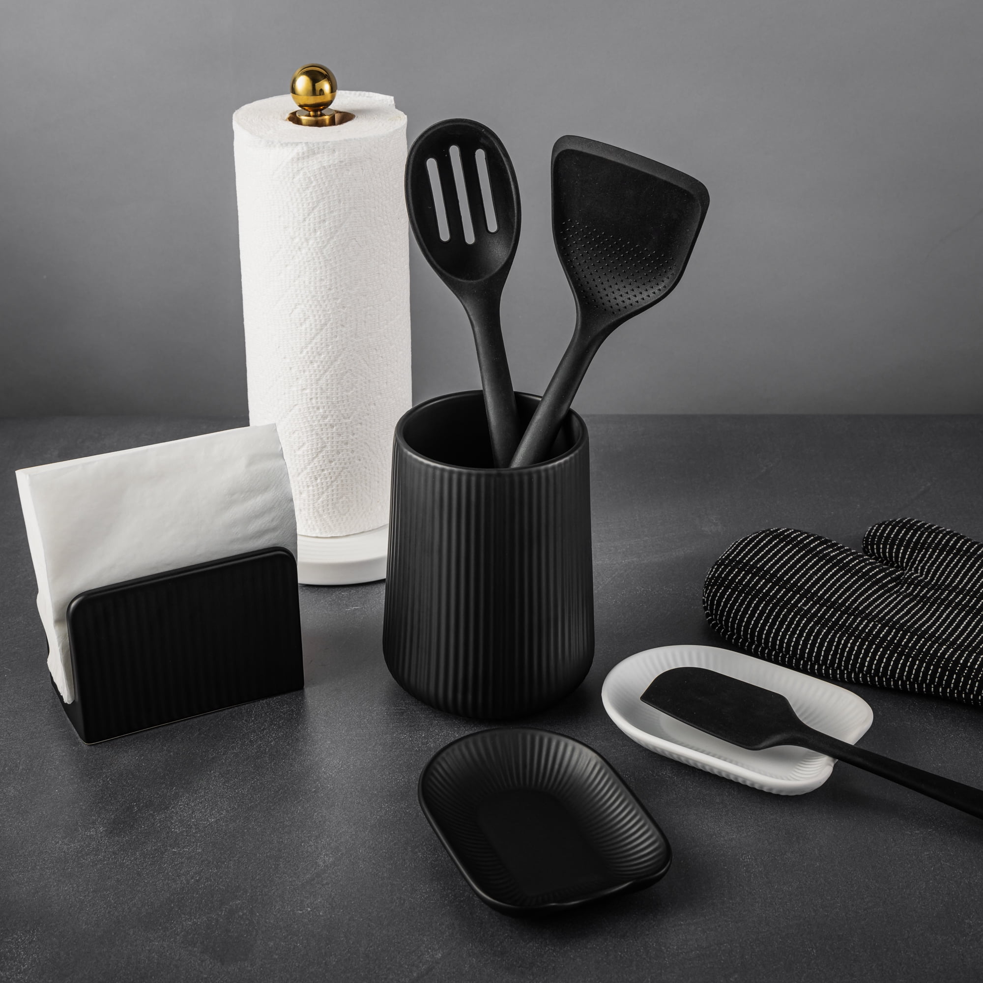 Thyme & Table 6.2" Ribbed Ceramic Kitchen Utensil Holder, Black