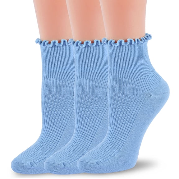 TZYDMN Womens Ruffle Ankle Socks Lightweight Breathable Combed Cotton Low Cut Socks 3 Pairs, Light Blue