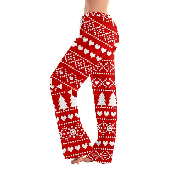Women's Pajama Pants Sleepwear Casual Drawstring Elastic Waist Pants Comfy Straight Yoga Loose Trousers with Christmas Print, Fashionable Home Bottoms for Winter, Vermilion, XL
