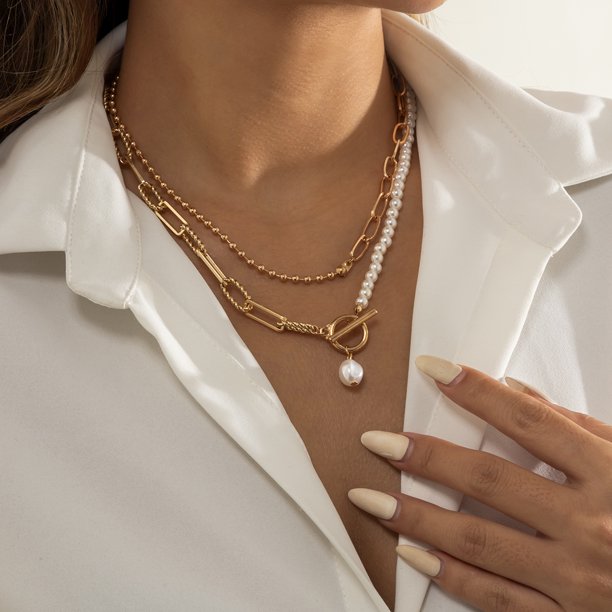 Collar con borlas y hebilla de perlas de imitación de nicho de joyería europea y americana, collar creativo apilado con anillo cruzado versátil