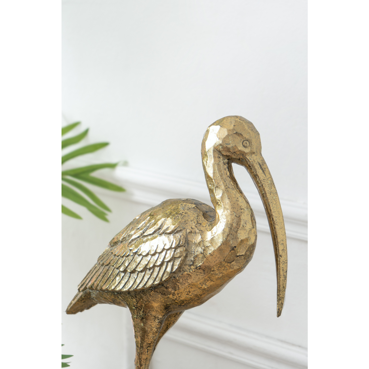 Standing Crane Figurine - 10" x 16" x 3.5" - Antique Gold