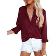 thumbnail image 2 of Qiylii Women Button Down Satin Shirts, Long Sleeve Lapel Solid Color Relaxed Fit Office Work Blouse, 2 of 4